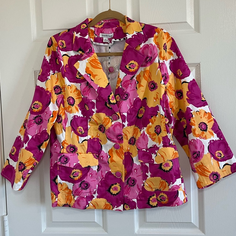Joan Rivers Women's Floral Twill Jacket Pink Orange White Size 12